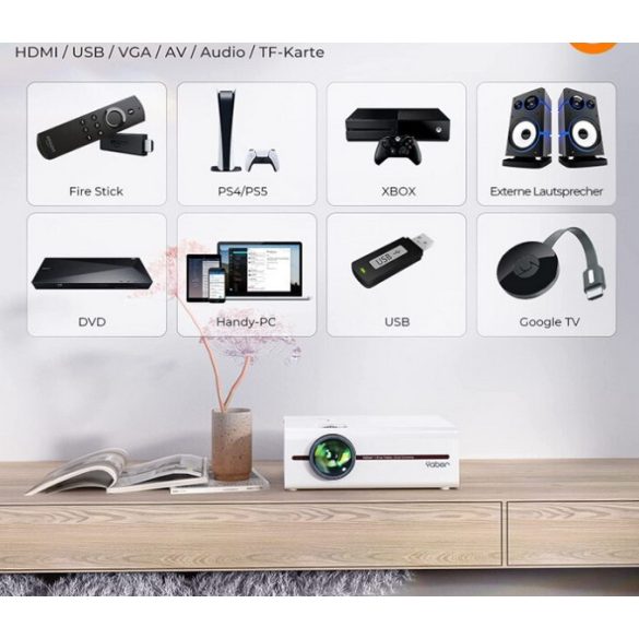 Mini videoprojektor Yaber V5 WiFi Bluetooth 2.4G és 5G, 7000 lumen, Full HD 1080P kompatibilis TV Stick / okostelefon / laptop / HDMI / DVD mobiltelefon, hordozható 