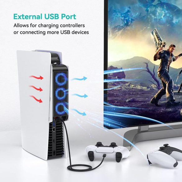 PS5 hűtőventilátor, JENUOS®, USB port, LED lámpa, fehér