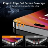 QHOHQ iPhone 16 Pro Max képernyővédő fólia kamera lencsevédővel, [katonai fokozatú törésálló], felső 9H+ edzett üveg, teljes élfedés, rendkívül tartós, telepítőeszközzel [3+3 csomag]