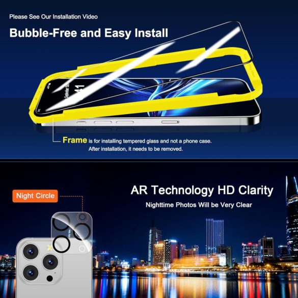 QHOHQ iPhone 16 Pro Max képernyővédő fólia kamera lencsevédővel, [katonai fokozatú törésálló], felső 9H+ edzett üveg, teljes élfedés, rendkívül tartós, telepítőeszközzel [3+3 csomag]