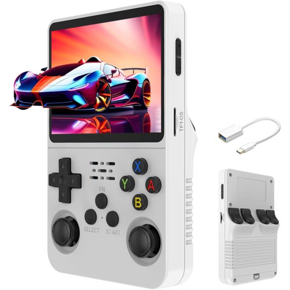 R36S 64 GB-os hordozható retro konzol játékokkal, négymagos Cortex-A53 1,5 GHz, 1 GB DDR3, Arhatreya, IPS LCD 3,5" 640x480, 3500 mAh, fehér