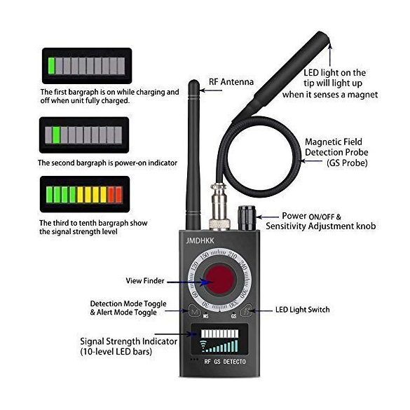 K18 vezeték nélküli kémellenes detektor, többfunkciós, univerzális, fekete
