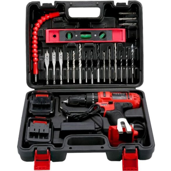 TEENO akkus fúró, 21 V 1,5 Ah max. lítium-ion akkumulátoros fúrókészlet 2 változtatható sebességgel, 21 tartozék, 3/8"-os tokmány kapacitás, 40 max nyomaték, beépített LED(2 akkumulátor)