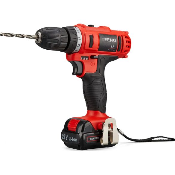 TEENO akkus fúró, 21 V 1,5 Ah max. lítium-ion akkumulátoros fúrókészlet 2 változtatható sebességgel, 21 tartozék, 3/8"-os tokmány kapacitás, 40 max nyomaték, beépített LED(2 akkumulátor)