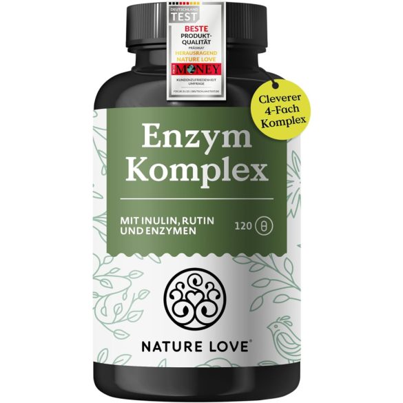 NATURE LOVE® enzimkomplex - 120 kapszula - Lipázt és α-amilázt tartalmaz | Bromelain, Rutin, Celluláz és Inulin - Emésztőenzimek 4 hónapos ellátásban - Vegán