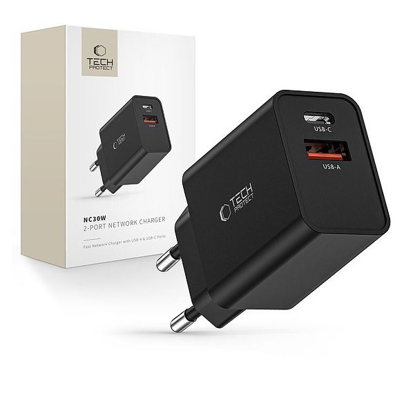 Tech-Protect NC30W töltő USB-C PD 30W / USB-A QC 3.0 - Fekete