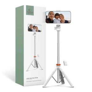 Tech-Protect L03S Bluetooth selfie bot távirányítóval, tripod 148cm-ig és 180 fokos fejel - fehér