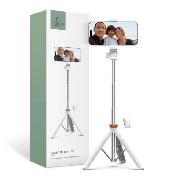 Tech-Protect L03S Bluetooth selfie bot távirányítóval, tripod 148cm-ig és 180 fokos fejel - fehér