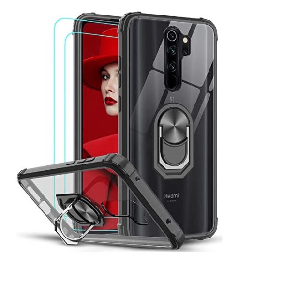 LeYi tok Xiaomi Redmi Note 8 Pro készülékhez edzett üveg képernyővédő fóliával (2 db), gyűrűtartó védő tokkal, fekete