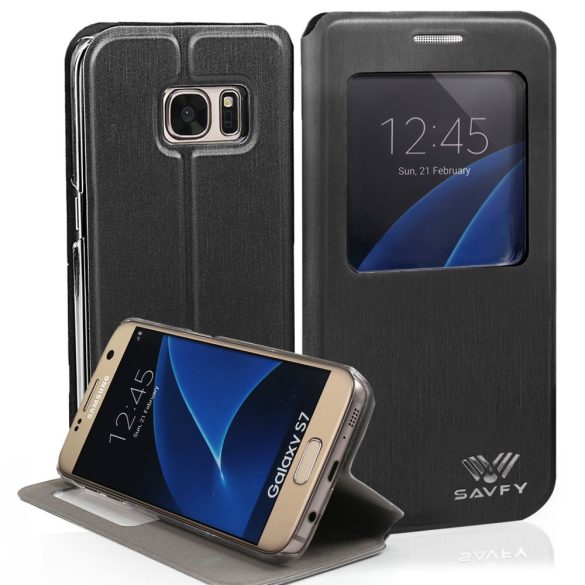 SAVFY Slim Flip Smart Tok, Samsung Galaxy S7 készülékhez, fekete