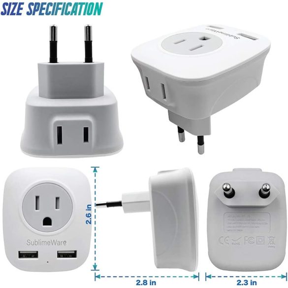 Európai tápadapter - 2 USB porttal és 2 AC kimenettel - USA-Európa csatlakozódugó - Elektromos töltőcsatlakozó adapter Európához - F, E, C típusú töltéshez