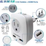 Európai tápadapter - 2 USB porttal és 2 AC kimenettel - USA-Európa csatlakozódugó - Elektromos töltőcsatlakozó adapter Európához - F, E, C típusú töltéshez