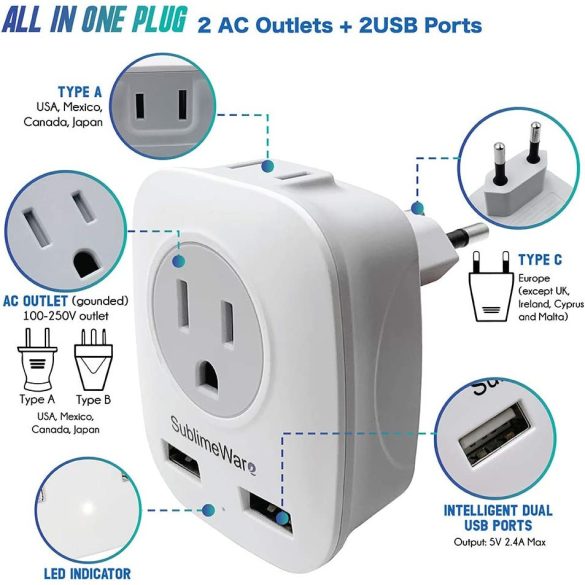 Európai tápadapter - 2 USB porttal és 2 AC kimenettel - USA-Európa csatlakozódugó - Elektromos töltőcsatlakozó adapter Európához - F, E, C típusú töltéshez