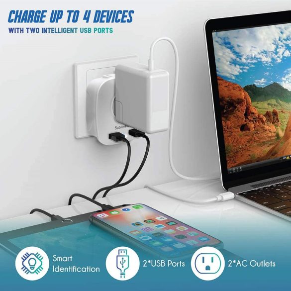 Európai tápadapter - 2 USB porttal és 2 AC kimenettel - USA-Európa csatlakozódugó - Elektromos töltőcsatlakozó adapter Európához - F, E, C típusú töltéshez