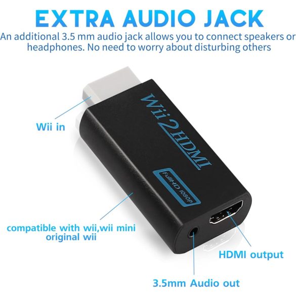 Wii-HDMI konverter, Wii HDMI 1080P adapter Full HD eszközökhöz 3,5 mm-es audioporttal és HDMI-kimenettel, kompatibilis a Nintendo Wii-vel, Wii U-val, HDTV-vel, monitorral (fekete)