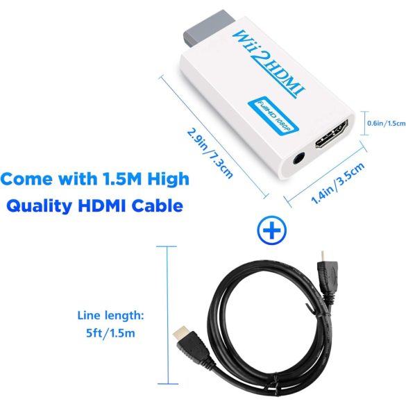 Wii-HDMI konverter, Wii HDMI 1080P adapter Full HD eszközökhöz 3,5 mm-es audioporttal és HDMI-kimenettel, kompatibilis a Nintendo Wii-vel, Wii U-val, HDTV-vel, monitorral (fehér)