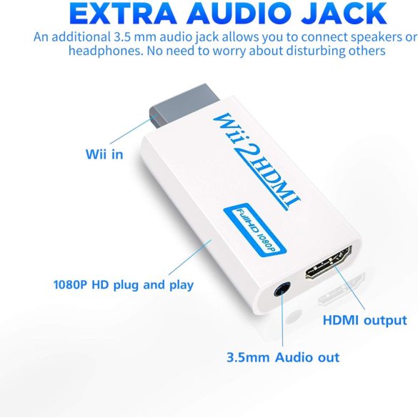 Wii-HDMI konverter, Wii HDMI 1080P adapter Full HD eszközökhöz 3,5 mm-es audioporttal és HDMI-kimenettel, kompatibilis a Nintendo Wii-vel, Wii U-val, HDTV-vel, monitorral (fehér)