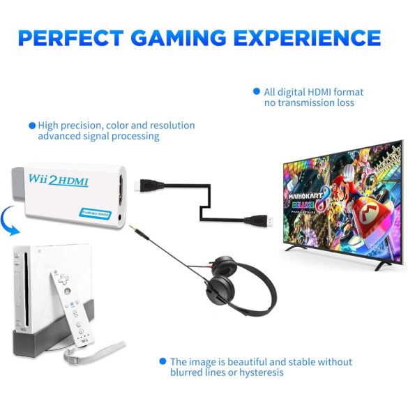 Wii-HDMI konverter, Wii HDMI 1080P adapter Full HD eszközökhöz 3,5 mm-es audioporttal és HDMI-kimenettel, kompatibilis a Nintendo Wii-vel, Wii U-val, HDTV-vel, monitorral (fehér)