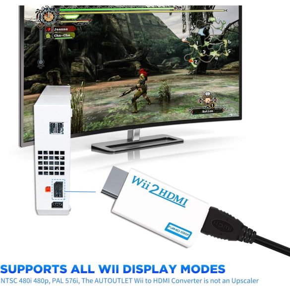 Wii-HDMI konverter, Wii HDMI 1080P adapter Full HD eszközökhöz 3,5 mm-es audioporttal és HDMI-kimenettel, kompatibilis a Nintendo Wii-vel, Wii U-val, HDTV-vel, monitorral (fehér)
