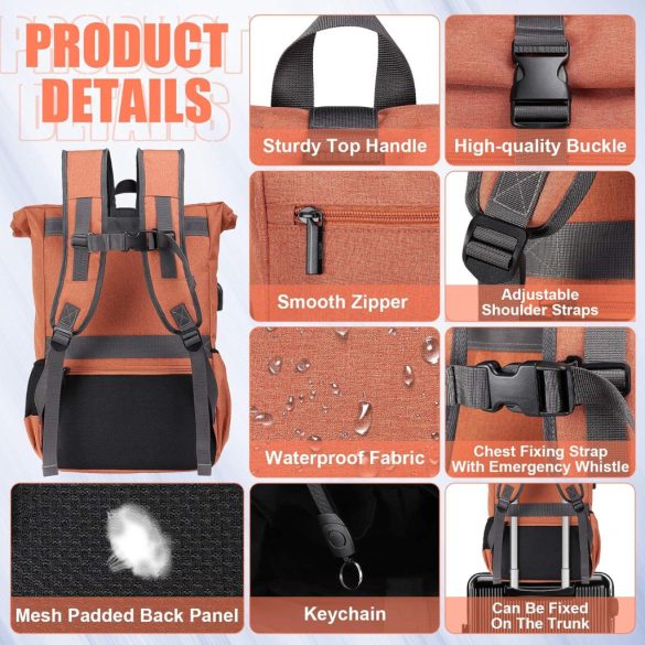 JOSEKO laptop hátizsák, könnyű, vízálló iskolai/főiskolai üzleti hátizsák férfiaknak és nőknek, professzionális utazó hátizsák nagy kapacitással és USB töltőporttal, narancssárga