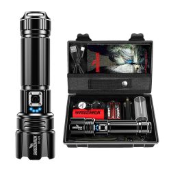   ANUTETOUNI® LED taktikai zseblámpa, alumínium, XHP70 Ultra-Bright forrás, professzionális, állítható fókusz, akkumulátorral, vízálló, USB töltés, 20000 lumen, fekete 