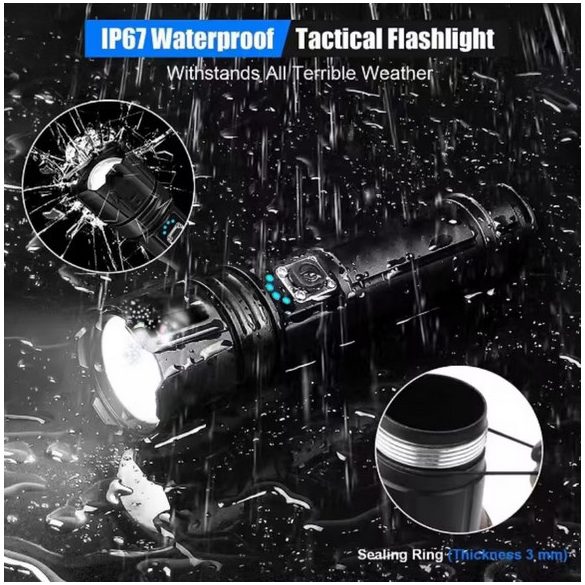 ANUTETOUNI® LED taktikai zseblámpa, alumínium, XHP70 Ultra-Bright forrás, professzionális, állítható fókusz, akkumulátorral, vízálló, USB töltés, 20000 lumen, fekete 