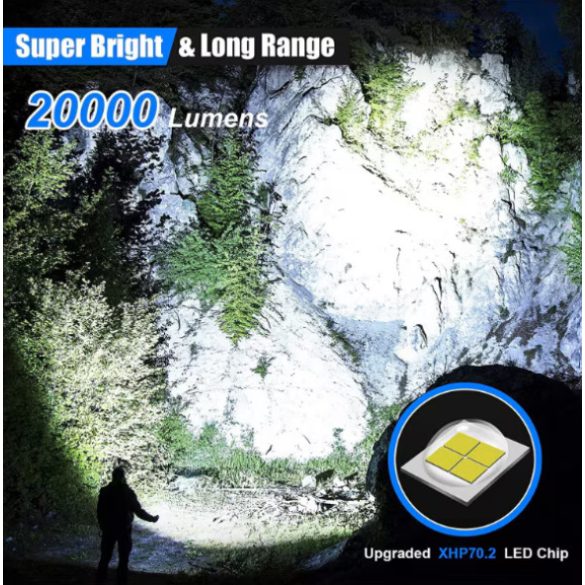 ANUTETOUNI® LED taktikai zseblámpa, alumínium, XHP70 Ultra-Bright forrás, professzionális, állítható fókusz, akkumulátorral, vízálló, USB töltés, 20000 lumen, fekete 