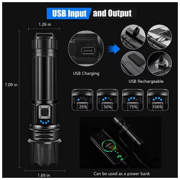 ANUTETOUNI® LED taktikai zseblámpa, alumínium, XHP70 Ultra-Bright forrás, professzionális, állítható fókusz, akkumulátorral, vízálló, USB töltés, 20000 lumen, fekete 